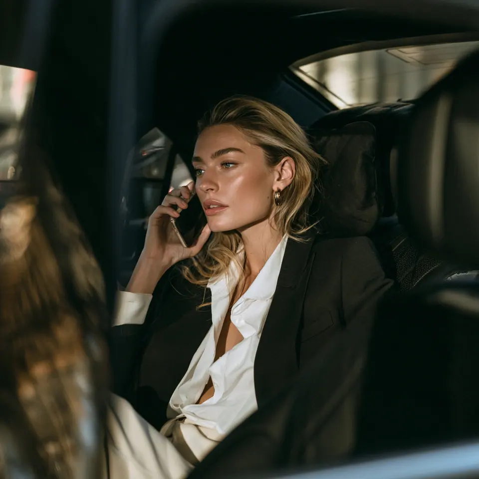 Geschäftsfrau telefoniert im Fond einer Chauffeur-Limousine