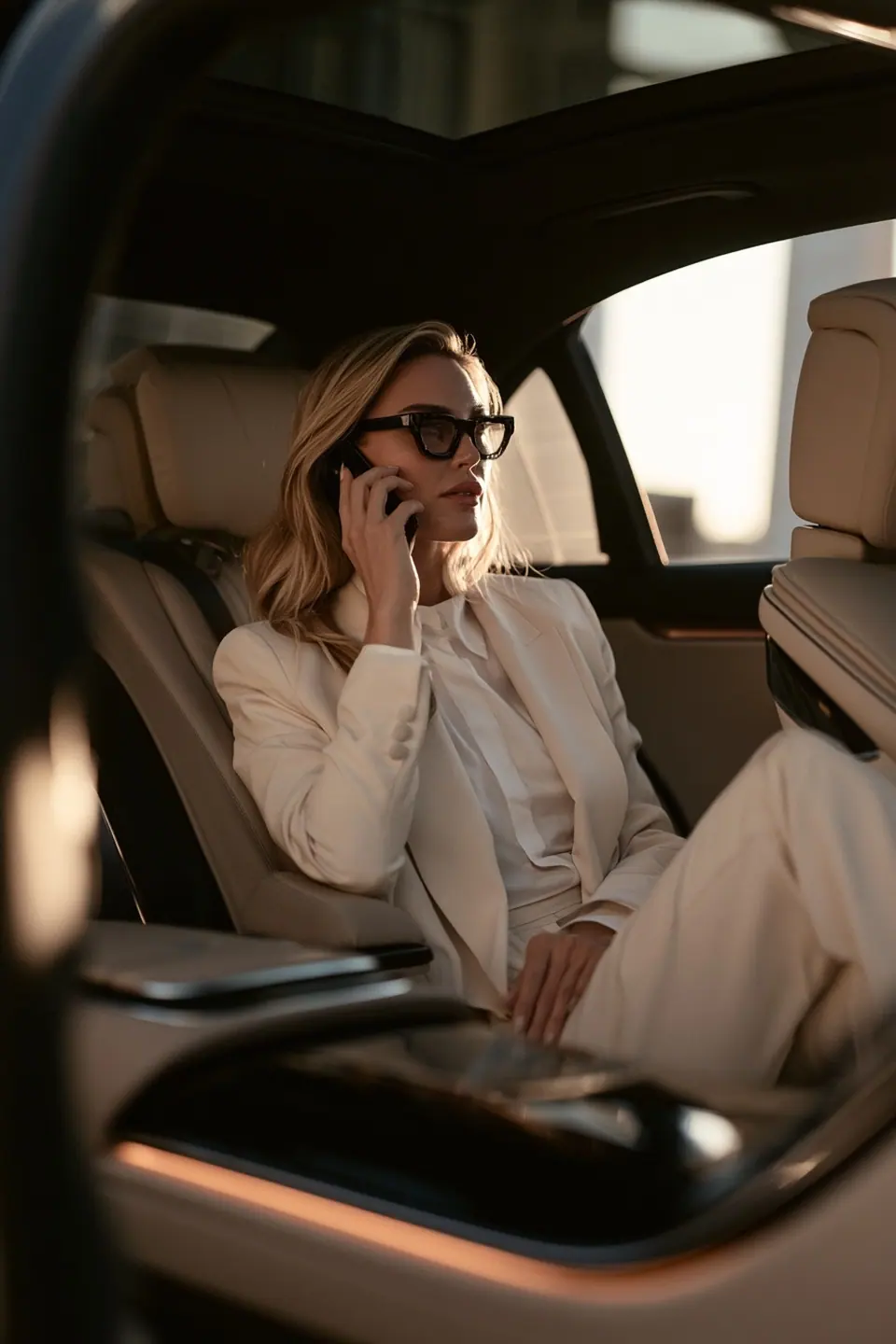 Geschäftsreisende telefoniert im Fond einer Chauffeur-Limousine