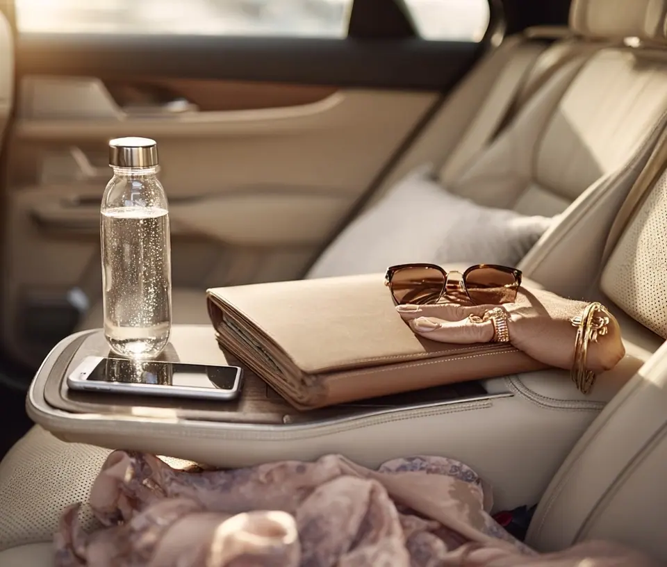 Lederinterieur im Fond einer Chauffeur-Limousine im Sonnenlicht