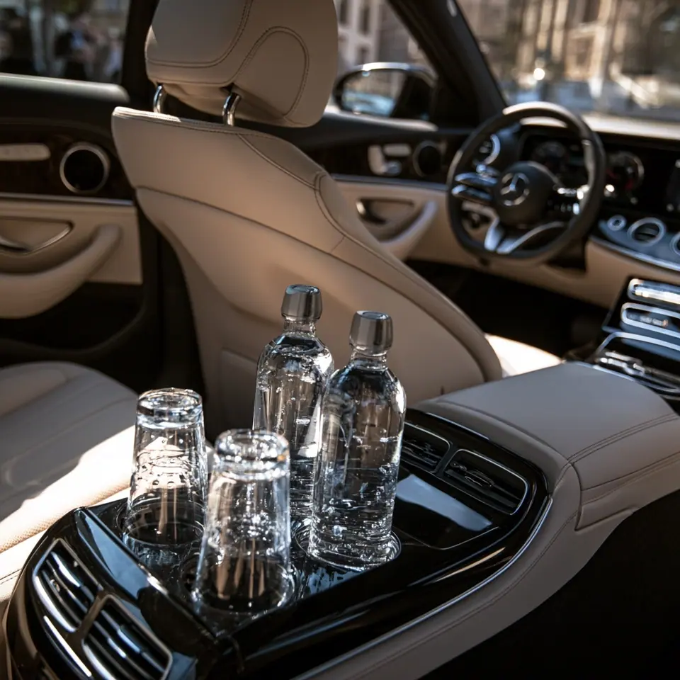 Wasserservice mit Gläsern in der Mittelkonsole einer Mercedes Limousine