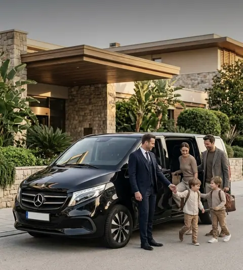 Chauffeur welcoming a family to a Mercedes V-Class — private transfer with personal service