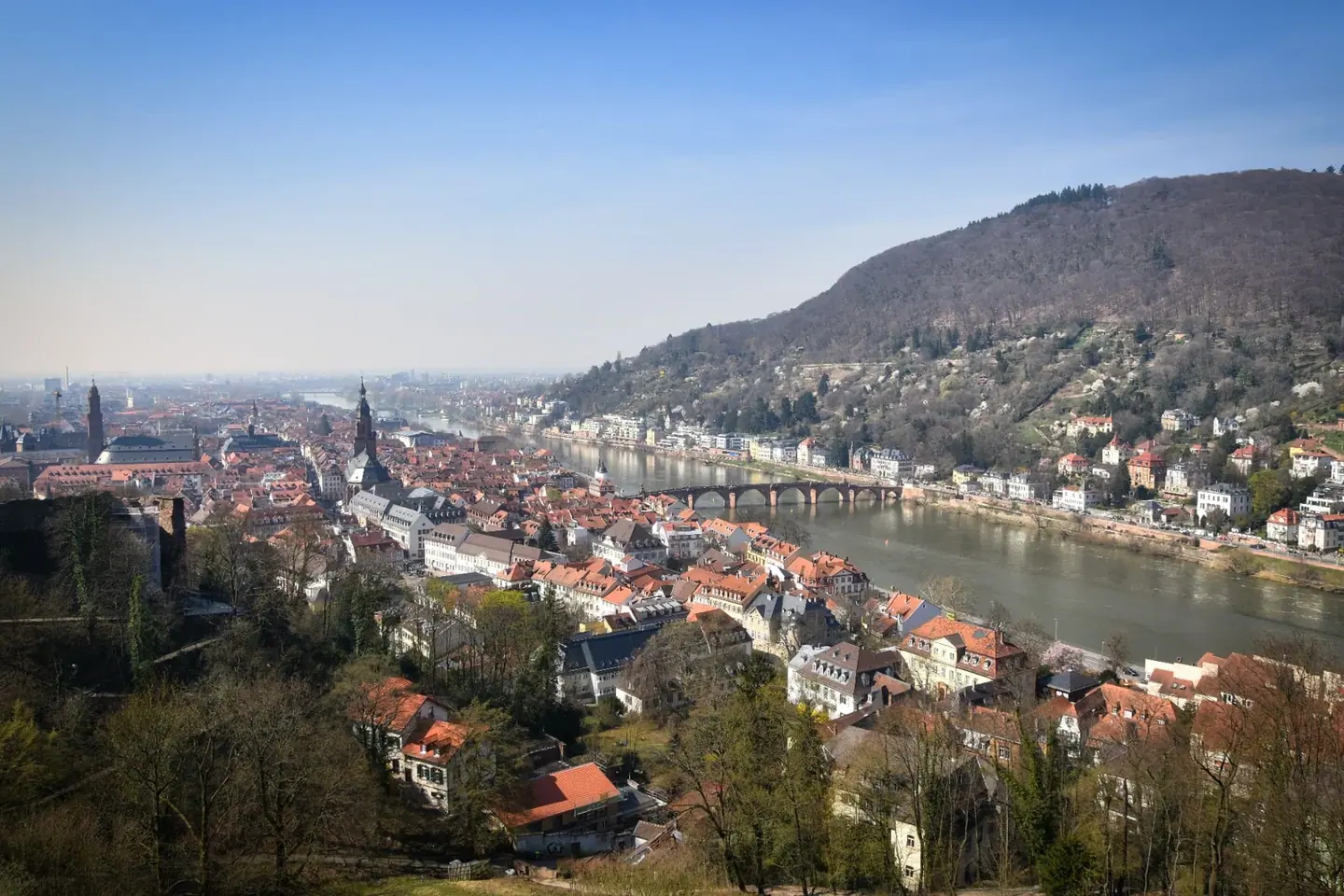 Blick über Heidelbergs Altstadt, den Neckar und die Alte Brücke